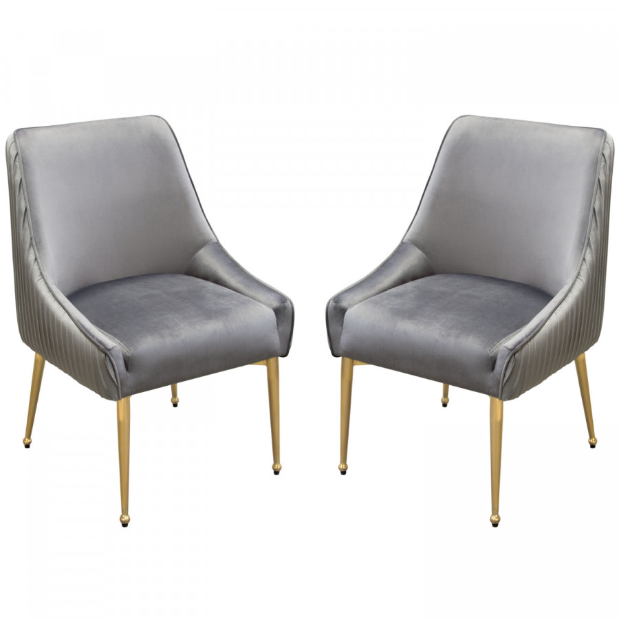 Diamond Sofa Quinn Velvet Dining Chairs with Vertical Outside Pleat Detail and Contoured Arm with Brushed Gold Metal Leg (Set of 2) - Gray