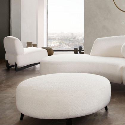 Diamond Sofa - Vesper Faux Shearling Round Ottoman with Black Wood Leg Base in White