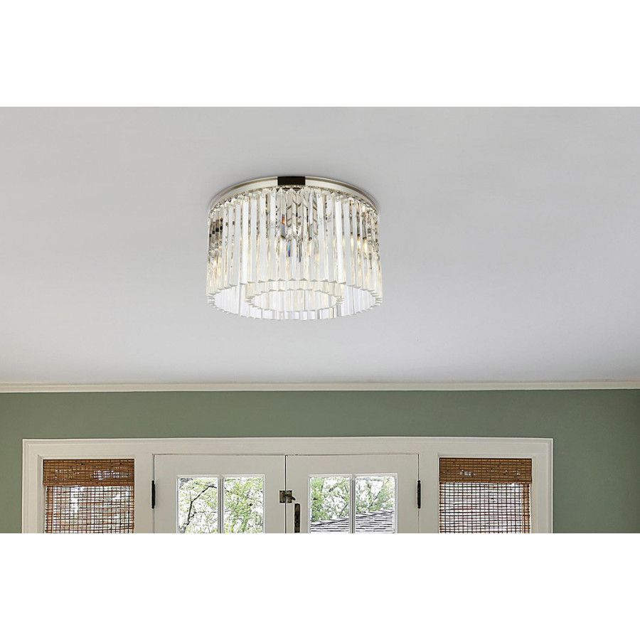 Elegant Crystal Prism 6 Light Flush Mount - Polished Nickel, L 26" (1208F26PN-RC)