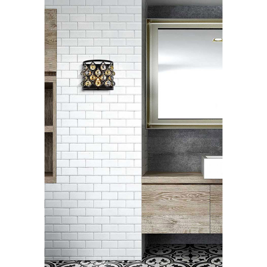 Elegant Crystal Grid 1 Light 11" Crystal Wall Sconce - Matte Black/Golden Teak (1214W11MB-GT-RC)