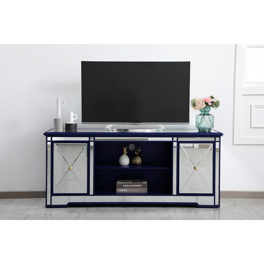 Elegant Modern 60" Mirrored TV Stand with Crystal Fireplace - Blue (MF60160BL)