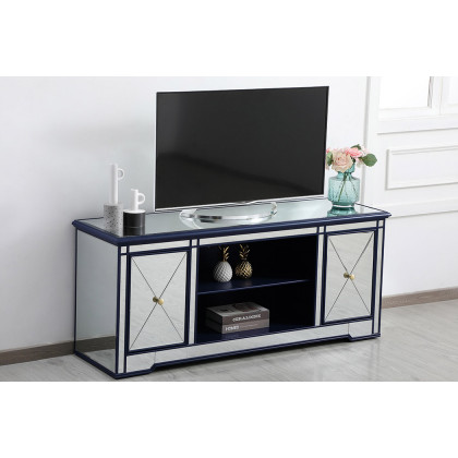 Elegant Modern 60" Mirrored TV Stand with Crystal Fireplace - Blue (MF60160BL)