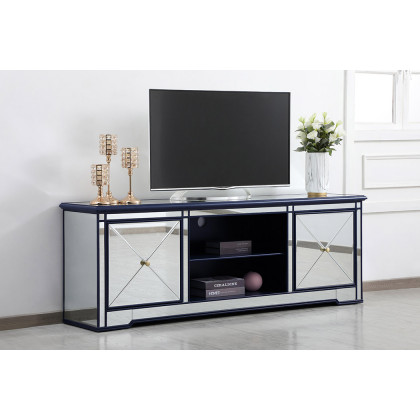 Elegant Modern 72" Mirrored TV Stand with Crystal Fireplace - Blue (MF60172BL)