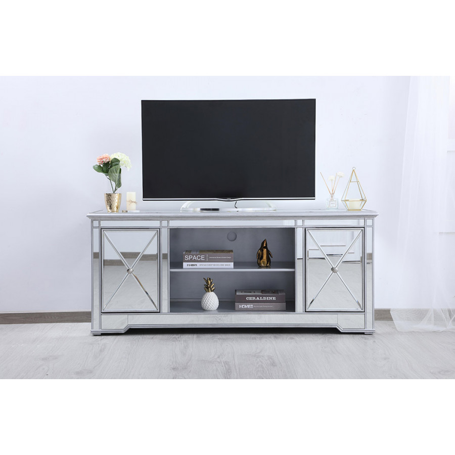 Elegant 60" Mirrored TV Stand with Wood Fireplace Insert - Silver (MF601S)