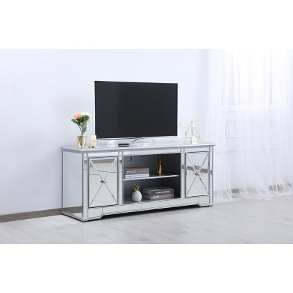 Elegant 60" Mirrored TV Stand with Wood Fireplace Insert - Silver (MF601S)