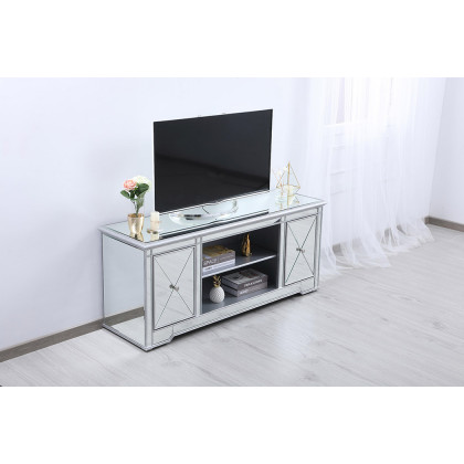 Elegant 60" Mirrored TV Stand with Wood Fireplace Insert - Silver (MF601S)