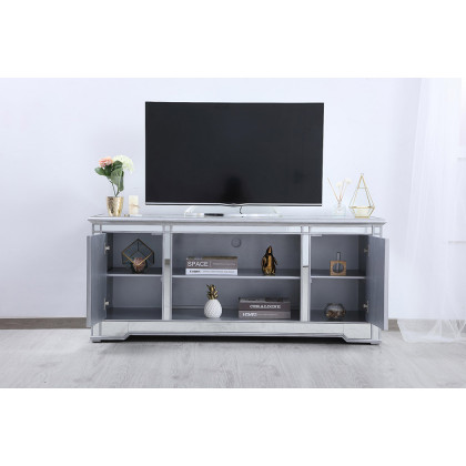 Elegant 60" Mirrored TV Stand with Wood Fireplace Insert - Silver (MF601S)
