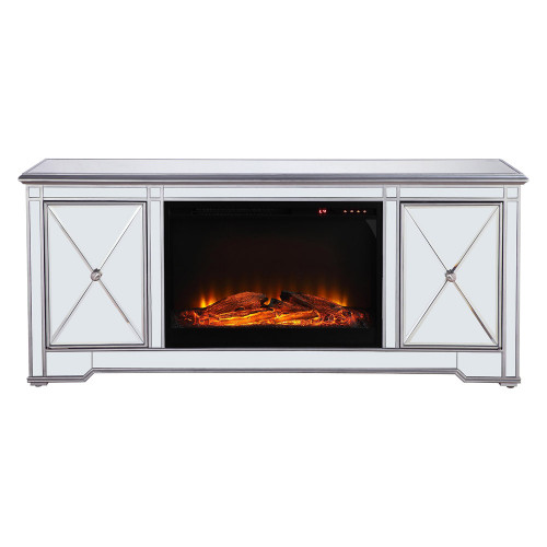 Elegant 60" Mirrored TV Stand with Wood Fireplace Insert - Silver (MF601S-F1)