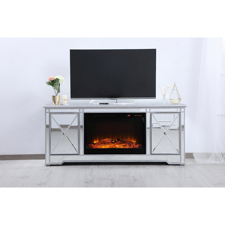 Elegant 60" Mirrored TV Stand with Wood Fireplace Insert - Silver (MF601S-F1)
