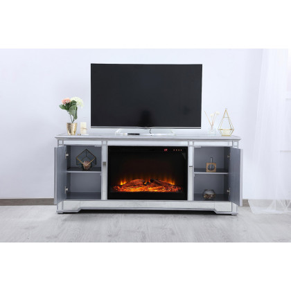 Elegant 60" Mirrored TV Stand with Wood Fireplace Insert - Silver (MF601S-F1)