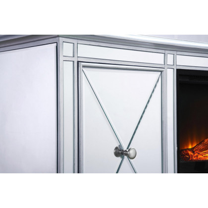 Elegant 60" Mirrored TV Stand with Wood Fireplace Insert - Silver (MF601S-F1)
