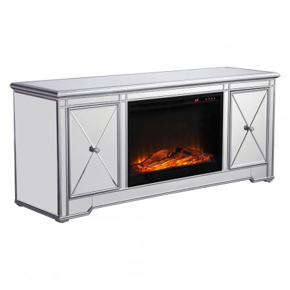 Elegant 60" Mirrored TV Stand with Wood Fireplace Insert - Silver (MF601S-F1)