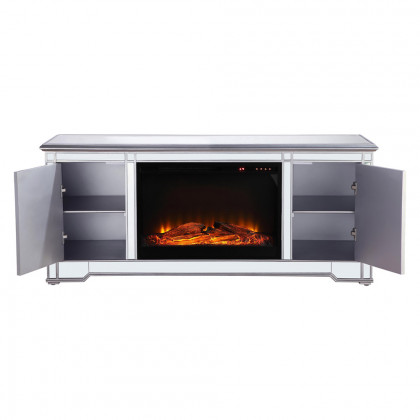 Elegant 60" Mirrored TV Stand with Wood Fireplace Insert - Silver (MF601S-F1)