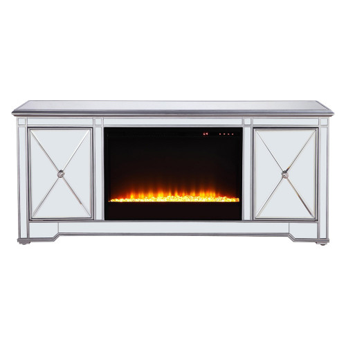 Elegant 60" Mirrored TV Stand with Wood Fireplace Insert - Silver (MF601S-F2)