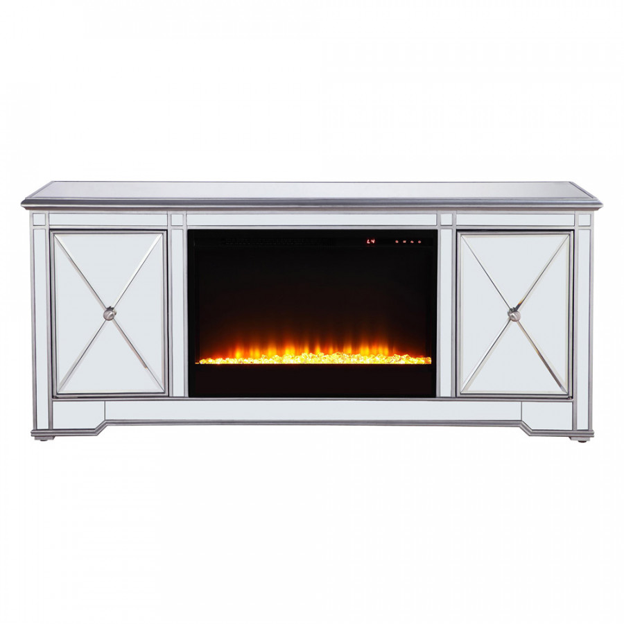 Elegant - Mirrored TV Stand with Wood Fireplace Insert