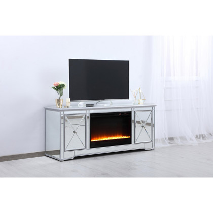 Elegant - Mirrored TV Stand with Wood Fireplace Insert