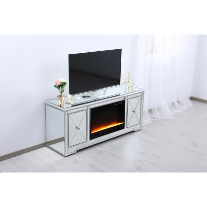 Elegant 60" Mirrored TV Stand with Wood Fireplace Insert - Silver (MF601S-F2)