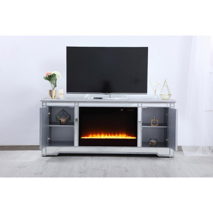 Elegant 60" Mirrored TV Stand with Wood Fireplace Insert - Silver (MF601S-F2)