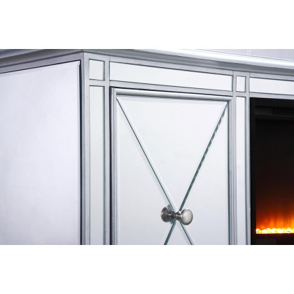 Elegant 60" Mirrored TV Stand with Wood Fireplace Insert - Silver (MF601S-F2)