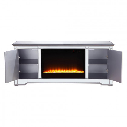Elegant 60" Mirrored TV Stand with Wood Fireplace Insert - Silver (MF601S-F2)