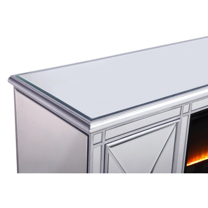 Elegant 60" Mirrored TV Stand with Wood Fireplace Insert - Silver (MF601S-F2)