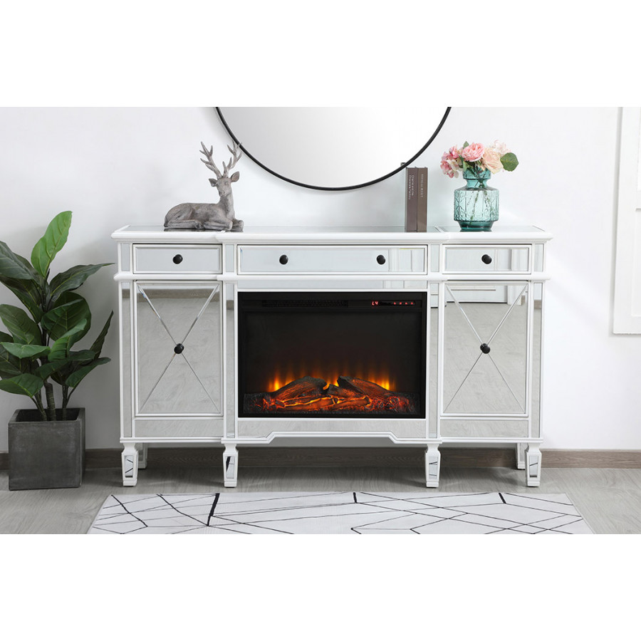 Elegant Contempo 60" Mirrored Credenza with Wood Fireplace - White (MF61060AW-F1)