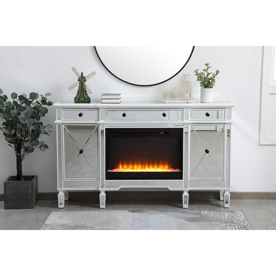 Elegant Contempo 60" Mirrored Credenza with Wood Fireplace - White (MF61060AW-F2)