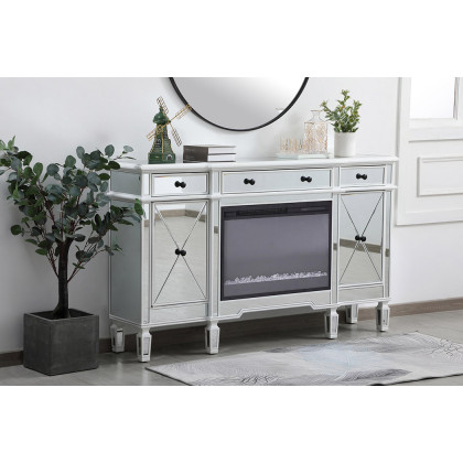 Elegant Contempo 60" Mirrored Credenza with Wood Fireplace - White (MF61060AW-F2)