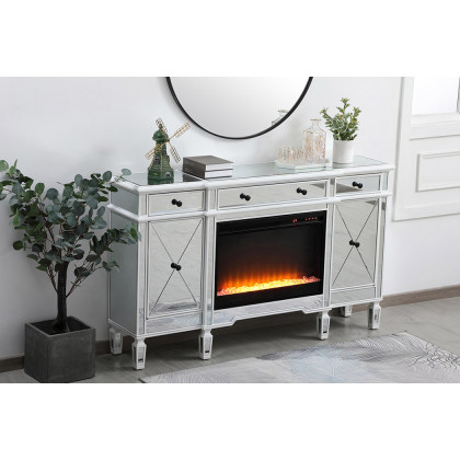Elegant Contempo 60" Mirrored Credenza with Wood Fireplace - White (MF61060AW-F2)