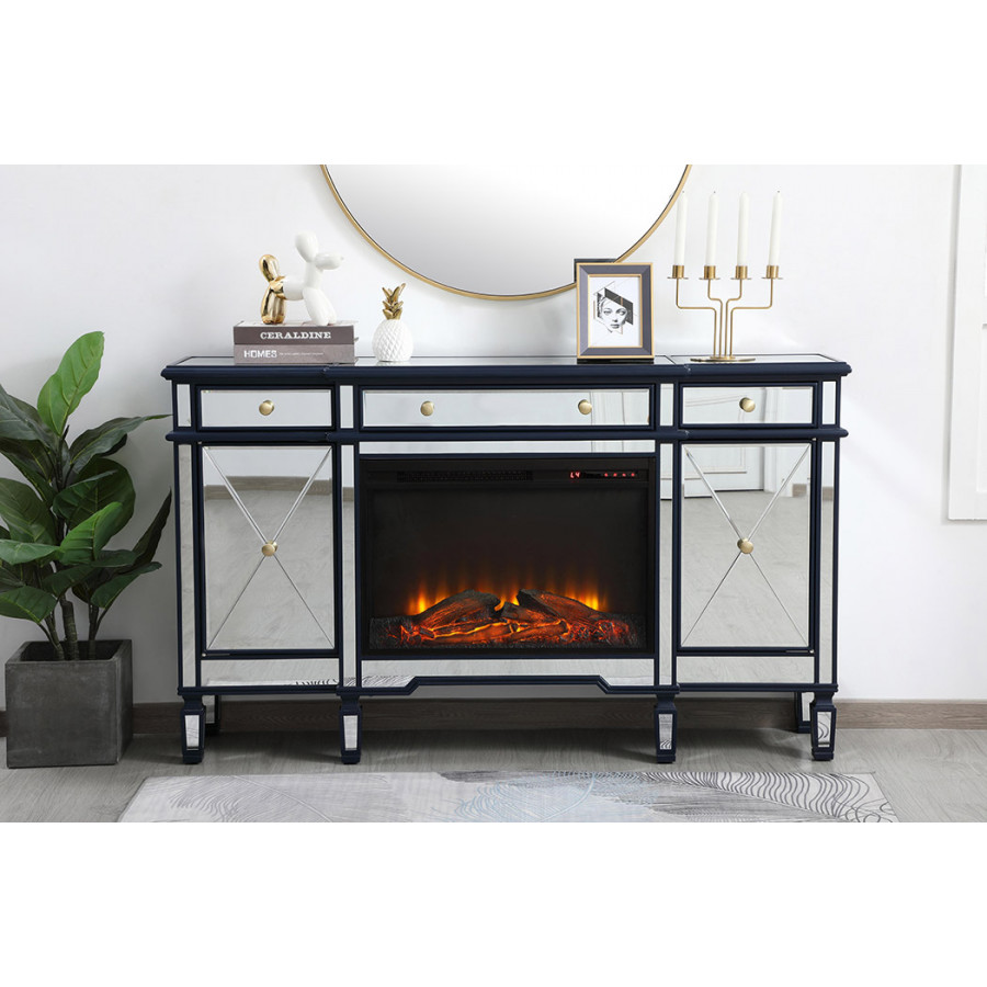 Elegant Contempo 60" Mirrored Credenza with Wood Fireplace - Blue (MF61060BL-F1)