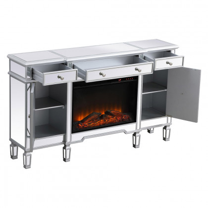 Elegant Contempo 60" Mirrored Credenza with Wood Fireplace - Silver (MF61060SC-F1)