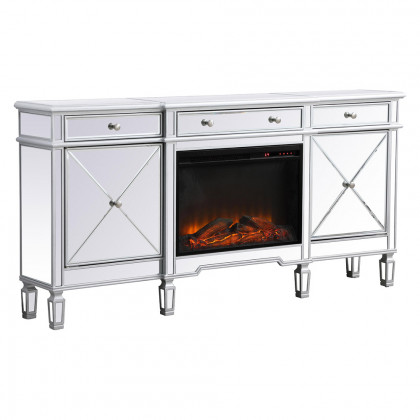 Elegant Contempo 72" Mirrored Credenza with Wood Fireplace - Silver (MF61072SC-F1)