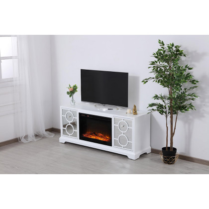 Elegant 60" Mirrored TV Stand with Crystal Fireplace Insert - White (MF801WH-F1)