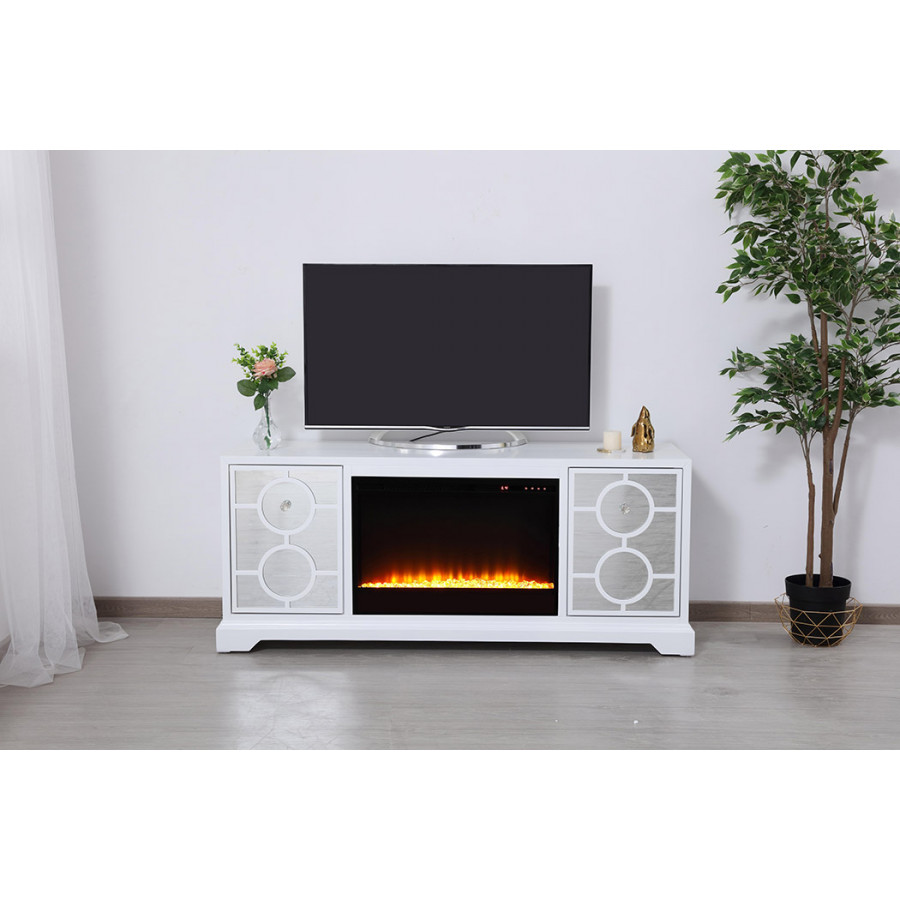 Elegant 60" Mirrored TV Stand with Crystal Fireplace Insert - White (MF801WH-F2)