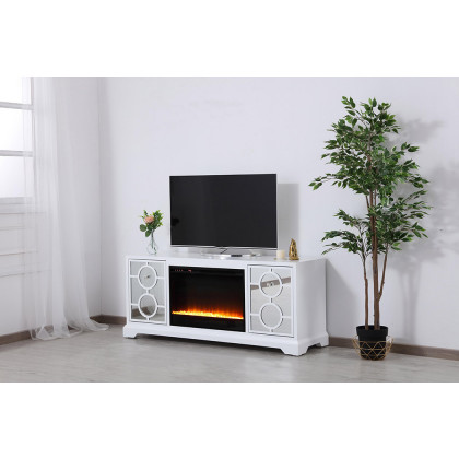 Elegant 60" Mirrored TV Stand with Crystal Fireplace Insert - White (MF801WH-F2)