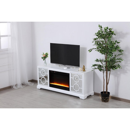 Elegant 60" Mirrored TV Stand with Crystal Fireplace Insert - White (MF801WH-F2)