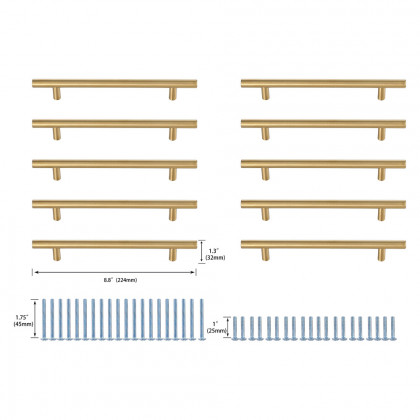 Elegant Quinn 3 Drawer Pull, Set of 10 - Brass, L 8.8" (PL400-6-BR-10PK)