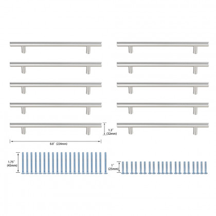 Elegant Quinn 3 Drawer Pull, Set of 10 - Brushed Nickel, L 8.8" (PL400-6-NK-10PK)