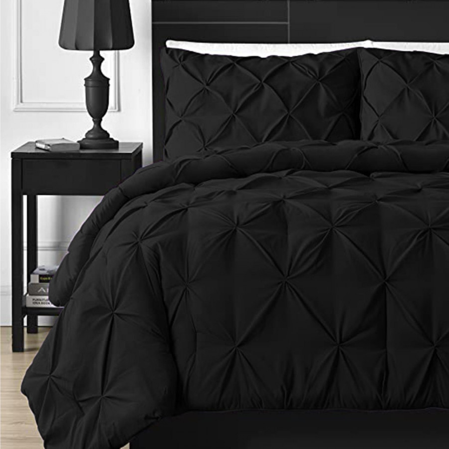 eLuxury 3 Piece Pinch Pleat Down Alternative Comforter Set - Queen, Black