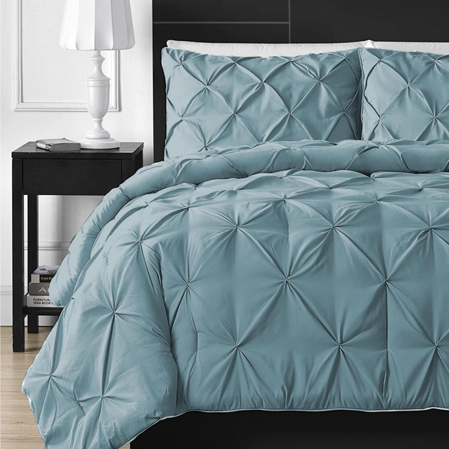 eLuxury 3 Piece Pinch Pleat Down Alternative Comforter Set - Full, Light Blue