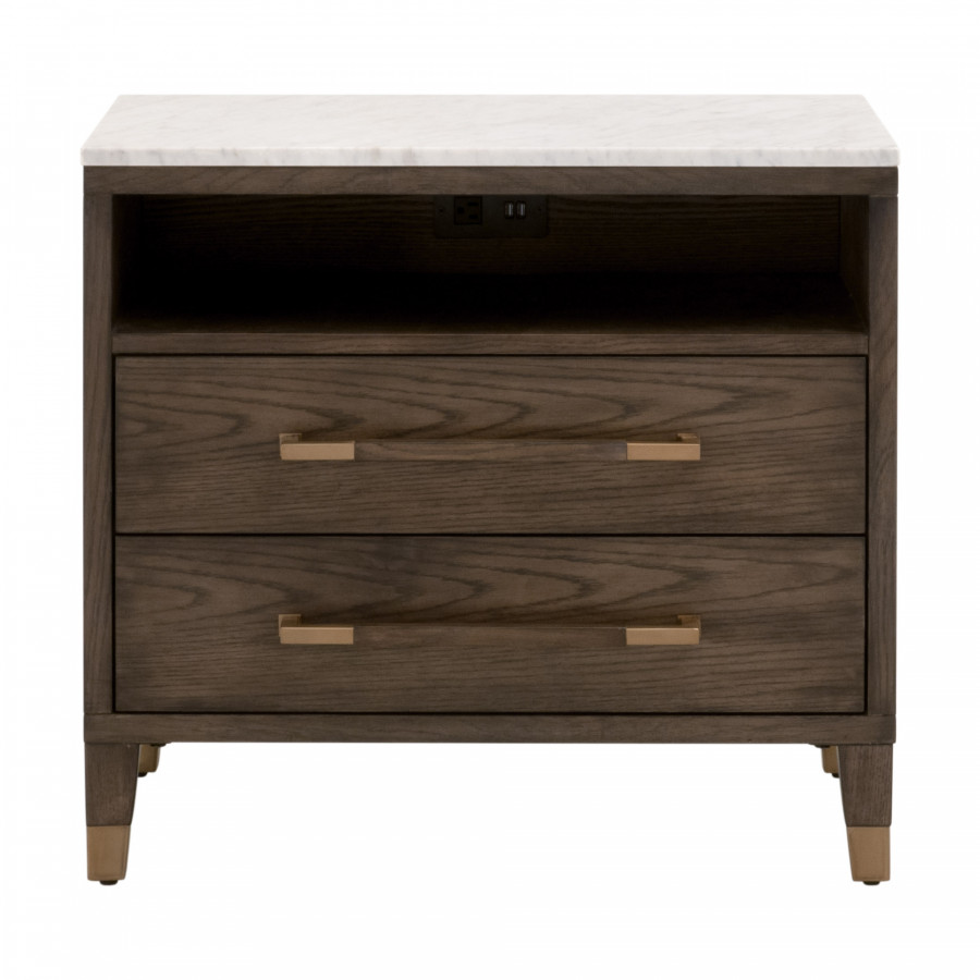 Essentials - Cambria 2-Drawer Nightstand in Dutch Brown Oak, Bianco Marble, Aged Brass