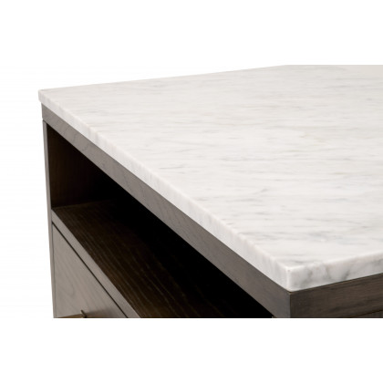 Essentials - Cambria 2-Drawer Nightstand in Dutch Brown Oak, Bianco Marble, Aged Brass