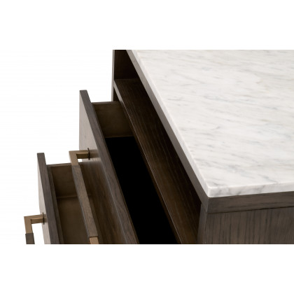 Essentials - Cambria 2-Drawer Nightstand in Dutch Brown Oak, Bianco Marble, Aged Brass
