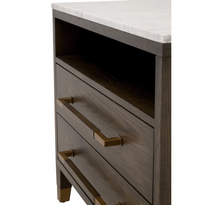 Essentials - Cambria 2-Drawer Nightstand in Dutch Brown Oak, Bianco Marble, Aged Brass