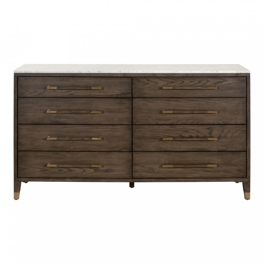 Essentials - Cambria 8-Drawer Double Dresser in Dutch Brown Oak, Bianco Marble, Aged Brass