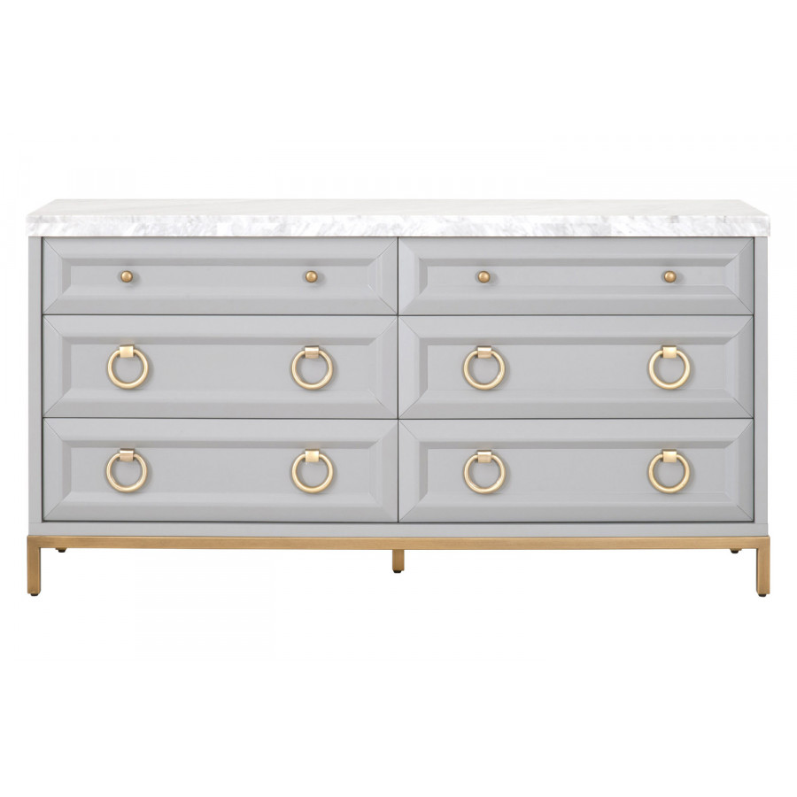 Essentials Traditions Azure Carrera 6-Drawer Double Dresser - Dove Gray, White Carrera Marble, Brushed Gold
