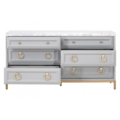 Essentials Traditions Azure Carrera 6-Drawer Double Dresser - Dove Gray, White Carrera Marble, Brushed Gold