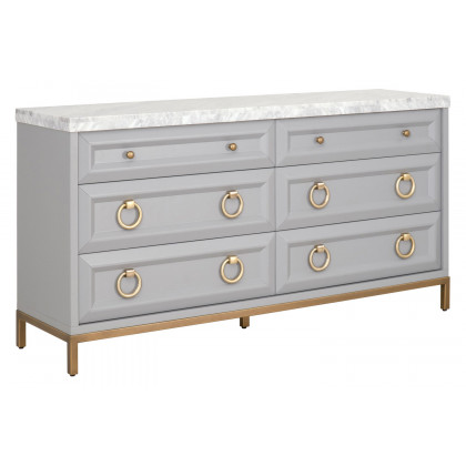 Essentials Traditions Azure Carrera 6-Drawer Double Dresser - Dove Gray, White Carrera Marble, Brushed Gold
