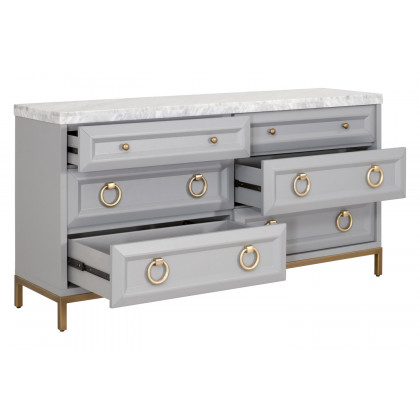 Essentials Traditions Azure Carrera 6-Drawer Double Dresser - Dove Gray, White Carrera Marble, Brushed Gold