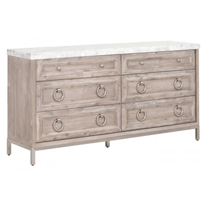 Essentials Traditions Azure Carrera 6-Drawer Double Dresser - Natural Gray Acacia, White Carrera Marble, Brushed Stainless Steel